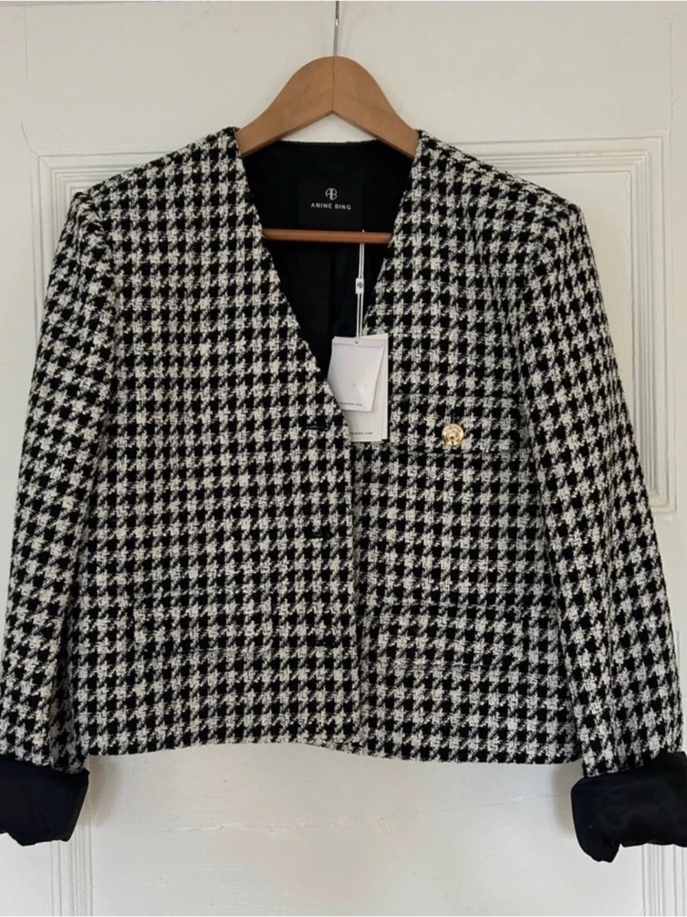 Anine Bing Black & White Houndstooth Cropped Blazer